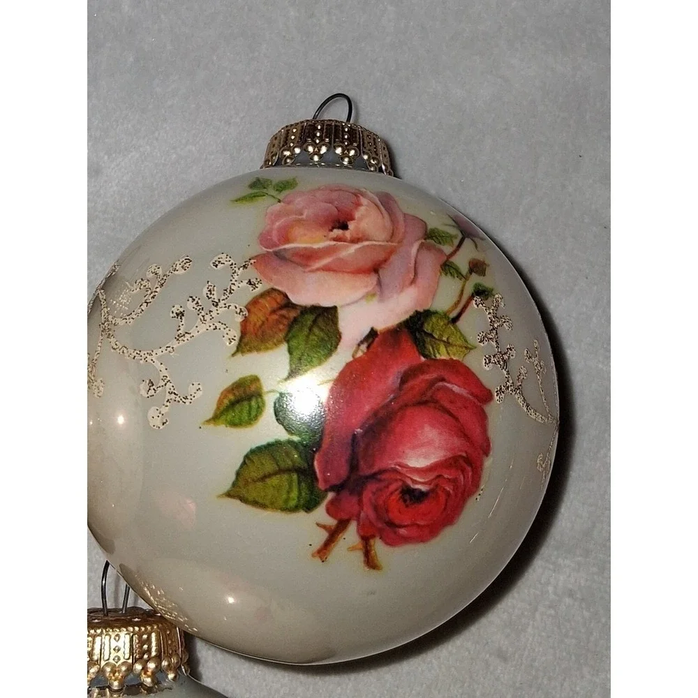 Vintage Krebs Glass Christmas Ornaments Set of 3 Ivory Rose Floral Gold